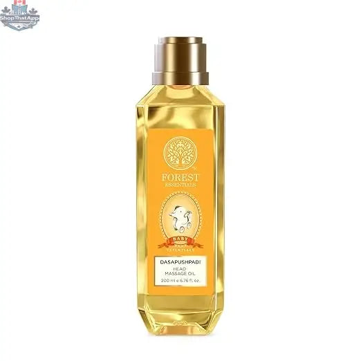 Forest Essentials Baby Head Massage Oil Dasapushpadi bottle with natural ingredients, designed for gentle infant scalp massage.