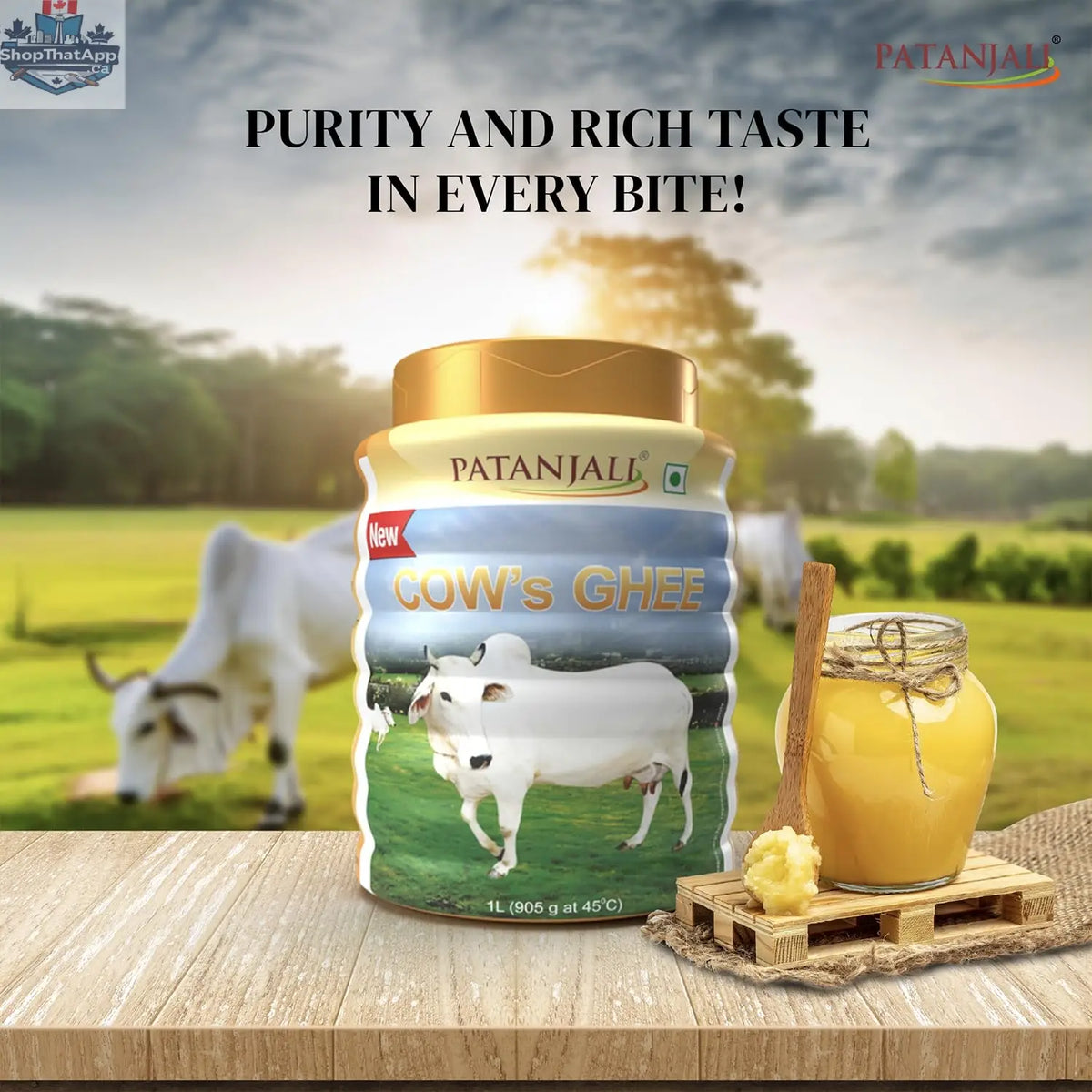Pure Patanjali Cow Ghee in a 1L pack, natural and healthy, with a clear view of the golden ghee in the packaging.