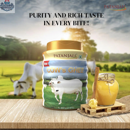 Pure Patanjali Cow Ghee in a 1L pack, natural and healthy, with a clear view of the golden ghee in the packaging.