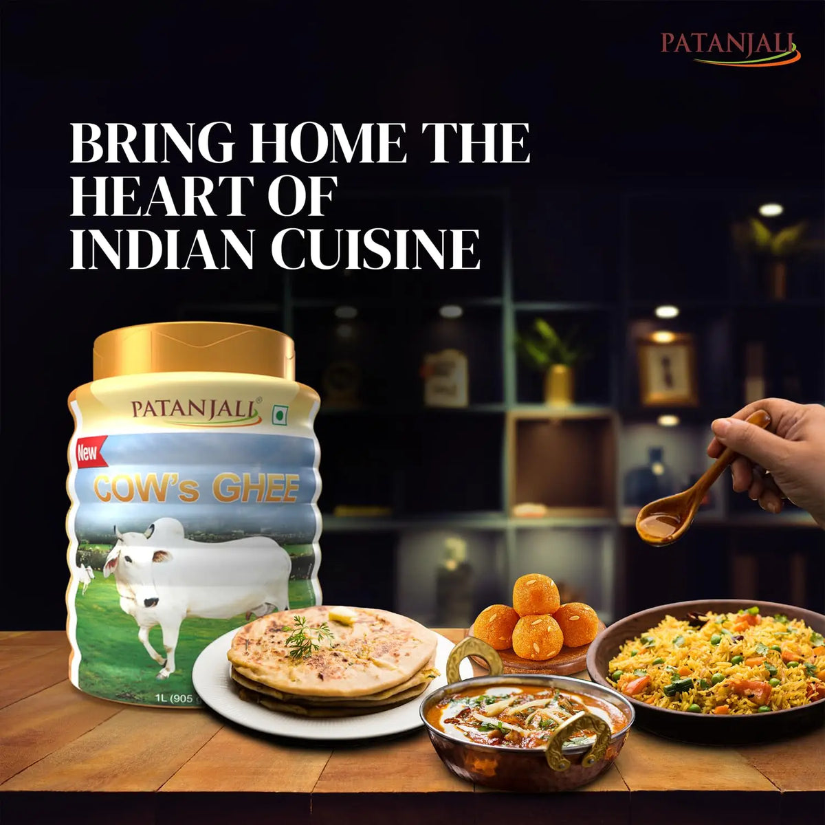 Patanjali Cow Ghee in a 1L pack, showing a clear glass jar filled with golden pure cow ghee, labeled with the Patanjali brand.