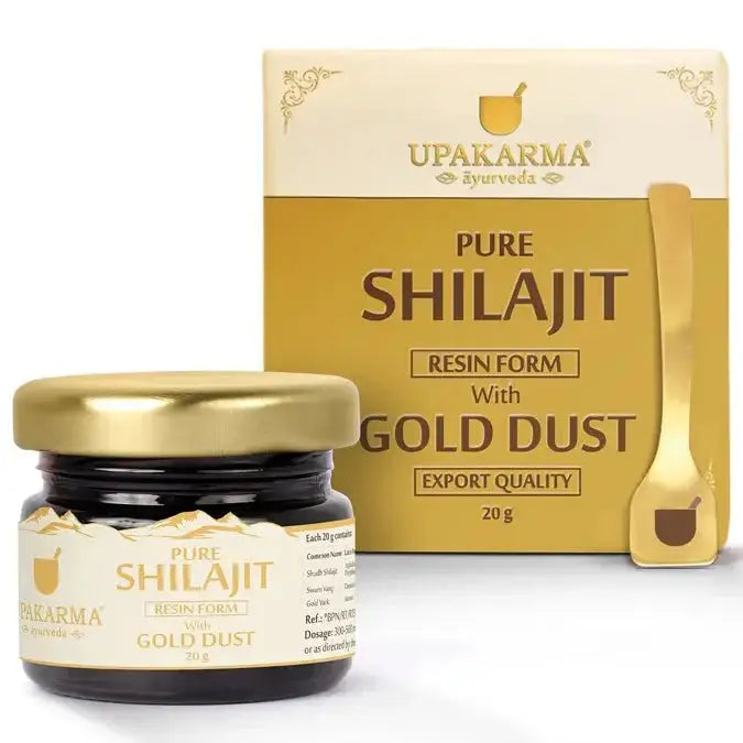 Prithvi Mart UPAKARMA Shilajit resin with gold dust, 20g jar showing dark resin with gold flecks and natural texture.