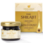 Prithvi Mart UPAKARMA Shilajit resin with gold dust, 20g jar showing dark resin with gold flecks and natural texture.