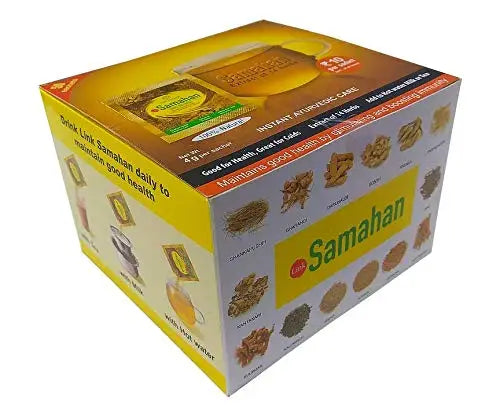 Link Natural Samahan Ayurvedic herbal tea in a box of 50 sachets, featuring authentic herbal extracts for wellness.