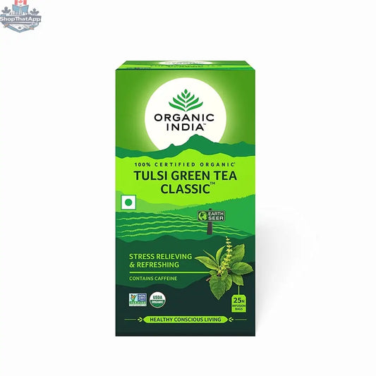 Organic India Tulsi Green Tea Classic in 25 tea bags, with green tea leaves and Tulsi herbs in a clear tea bag.