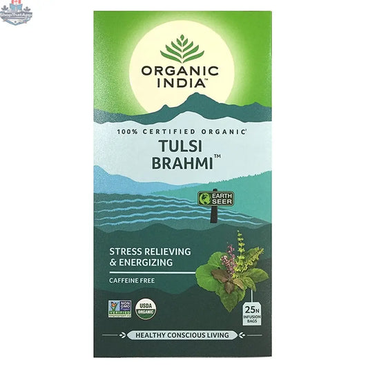 Organic Tulsi Brahmi tea by Prithvi Mart in a box of 25 tea bags, featuring herbal tea bags for mind and body wellness.
