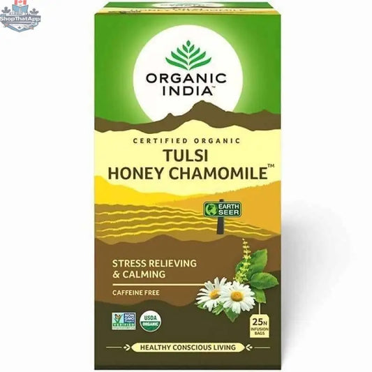 Organic Tulsi Chamomile tea bags from Prithvi Mart, 25 herbal tea sachets for relaxation and wellness.