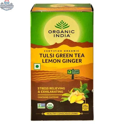 Organic Tulsi Green Tea Ginger with Lemon tea bags by Prithvi Mart, featuring fresh lemon slices and green tea leaves.