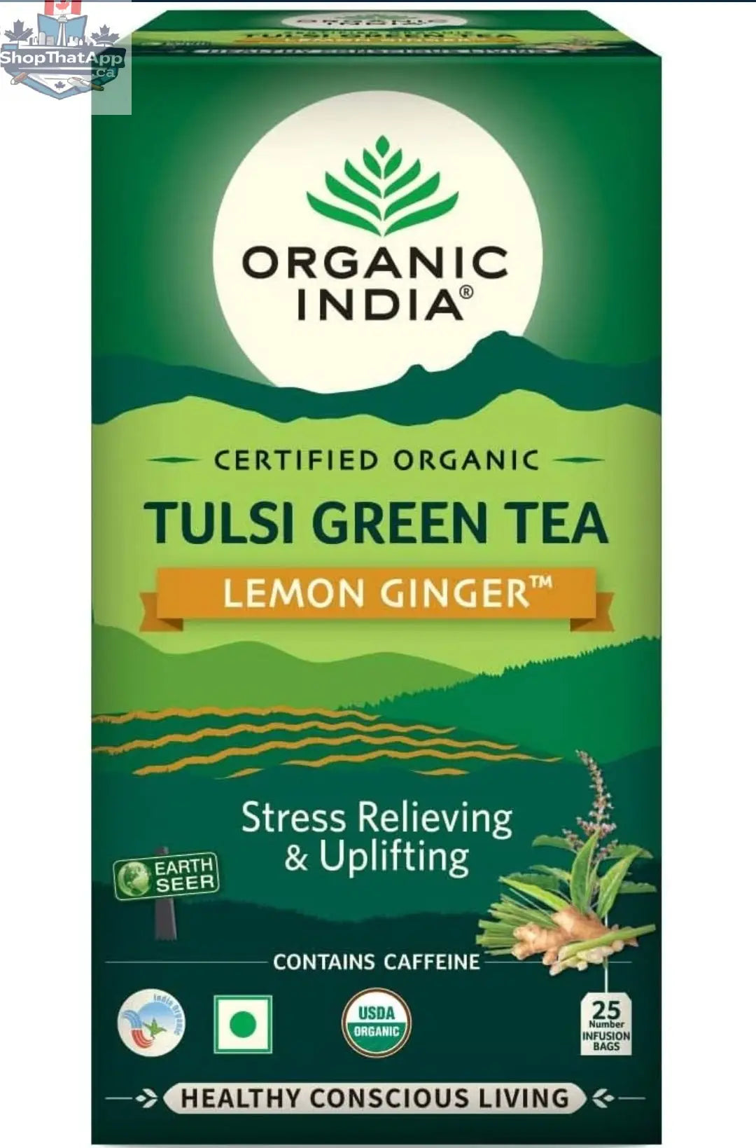 Organic Tulsi Green Tea Ginger with Lemon by Prithvi Mart, 25 tea bags, showing tea packaging with fresh ginger, lemon, and tulsi leaves.