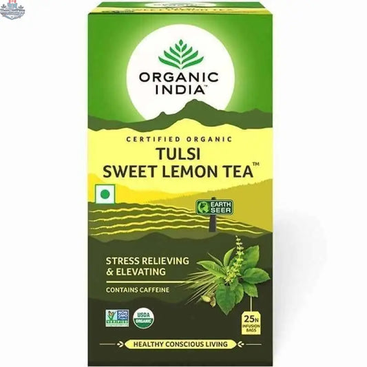 Organic Tulsi Sweet Lemon Tea by Prithvi Mart in a box of 25 tea bags, featuring herbal blend with lemon and tulsi leaves.