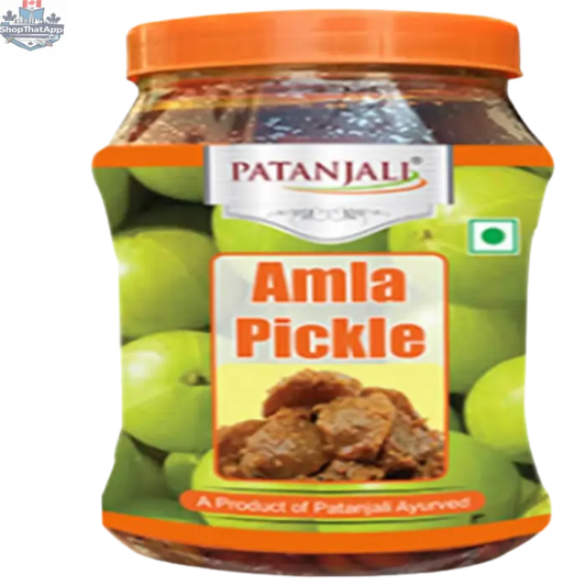 Spicy Patanjali Amla Pickle in a glass jar, showing bright amla pieces immersed in flavorful pickle liquid.