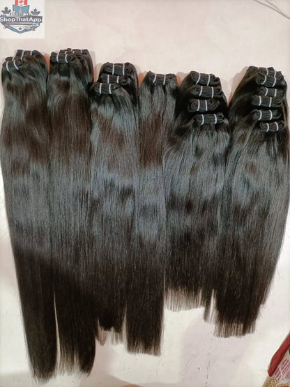 Indian straight hair bundles from Prithvi Mart showcasing natural, raw hair extensions with a smooth, straight texture.