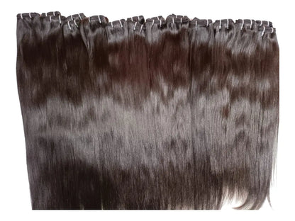 Prithvi Mart Indian Virgin Straight Hair Extensions bundle with three bundles, natural straight hair, showcasing smooth, shiny hair.