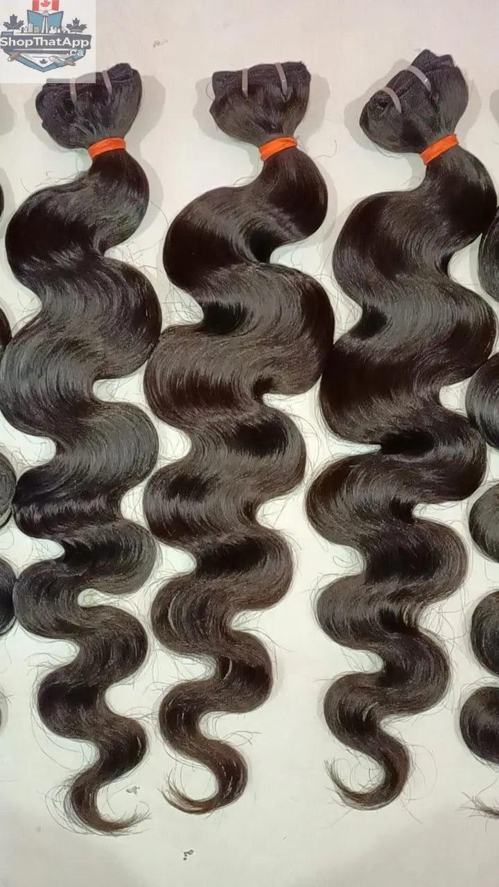 Indian Virgin Body Wave Hair Extensions by Prithvi Mart, showing silky, wavy hair bundles for wholesale and retail use.