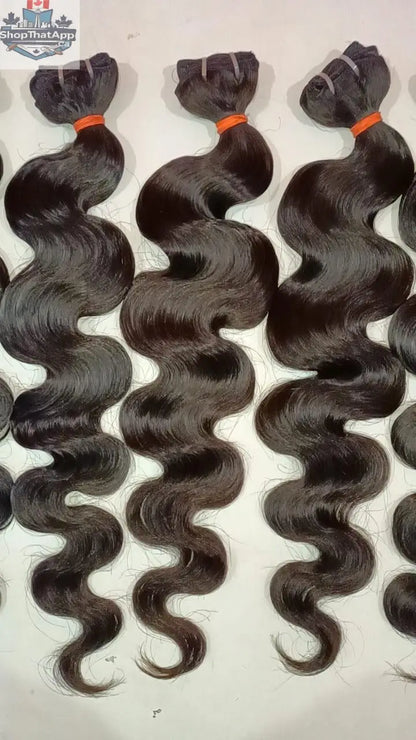 Indian Virgin Body Wave Hair Extensions by Prithvi Mart, showing silky, wavy hair bundles for wholesale and retail use.
