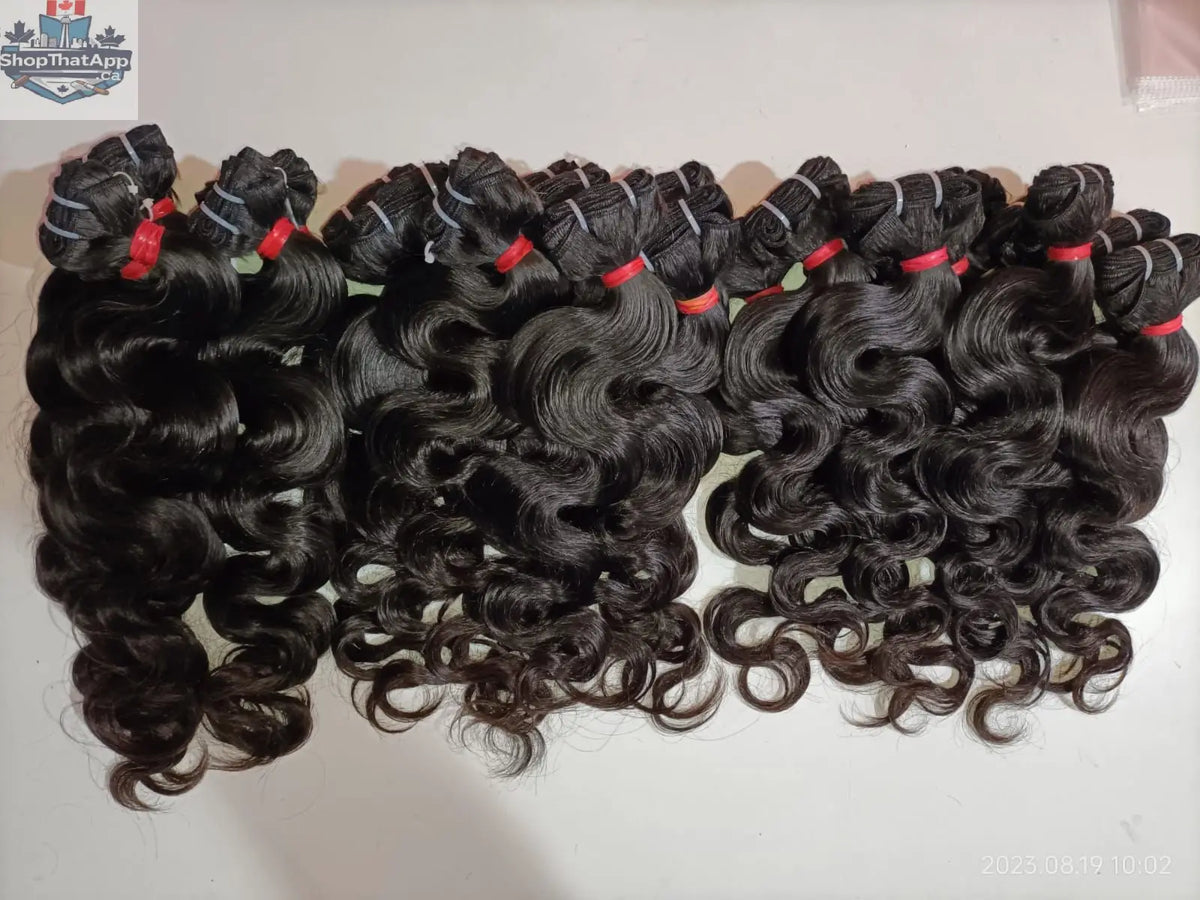 Indian Virgin Body Wave hair bundles by Prithvi Mart, showcasing silky, voluminous wave extensions perfect for wholesale or retail.