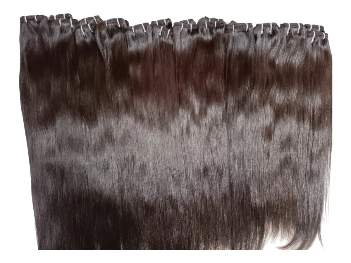 Indian Virgin Straight Hair bundles, luxurious hair extensions by Prithvi Mart, displayed in natural straight style.