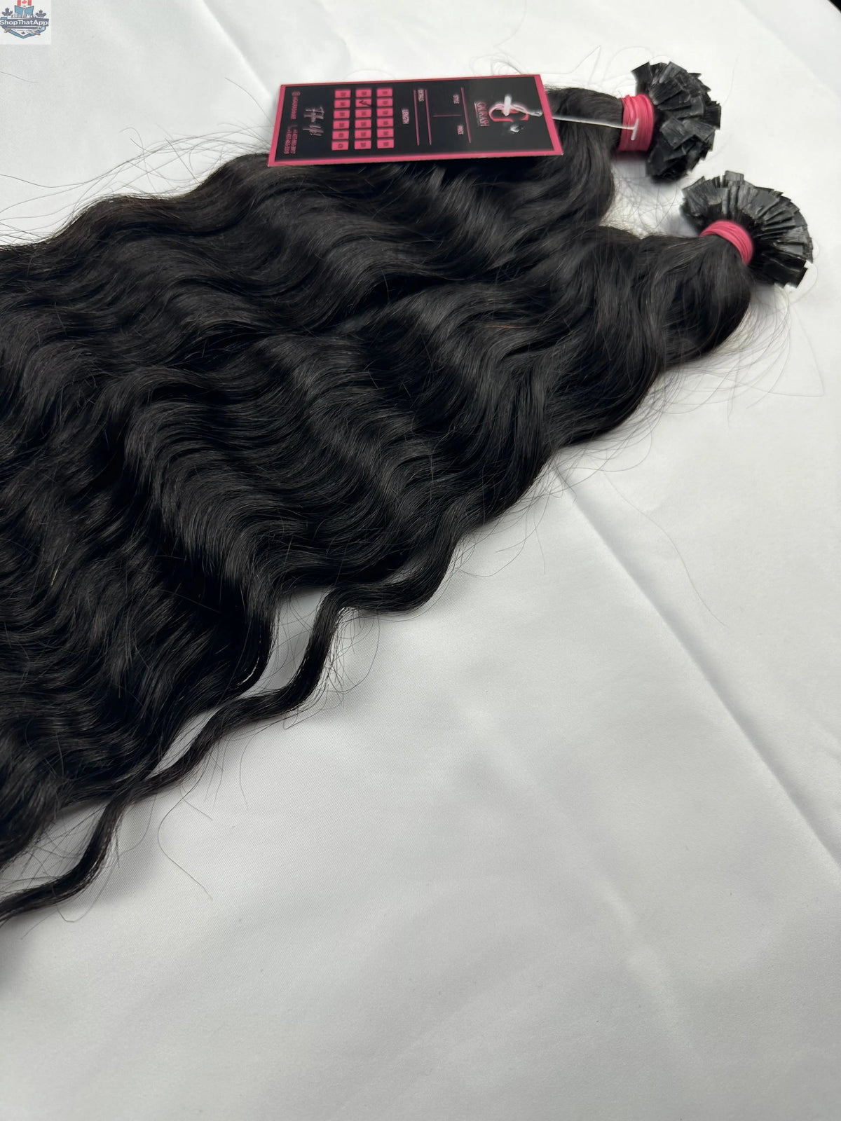 Indian Virgin Loose Curly Hair extensions with flat tips by Prithvi Mart, showcasing the textured, curly hair style.
