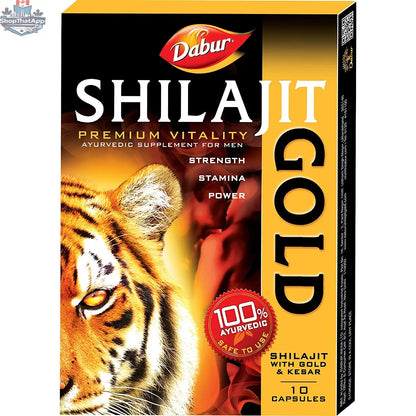 Prithvi Mart Dabur Shilajit Gold supplement for enhanced vitality and wellness, showing the product container and packaging.