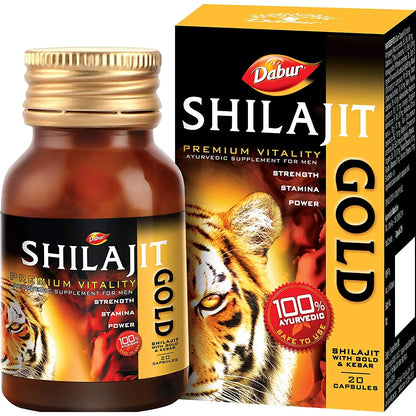 Prithvi Mart Dabur Shilajit Gold supplement for enhanced vitality and wellness, showing the product packaging and jar.