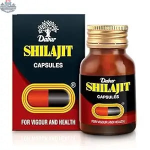 Prithvi Mart Dabur Shilajit capsules for wellness, showing the bottle and capsules, promoting vitality and overall health.