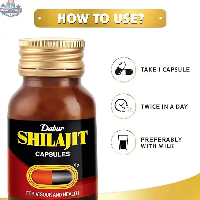 Prithvi Mart Dabur Shilajit capsules for wellness, showing the supplement bottle and natural ingredients for enhanced vitality.