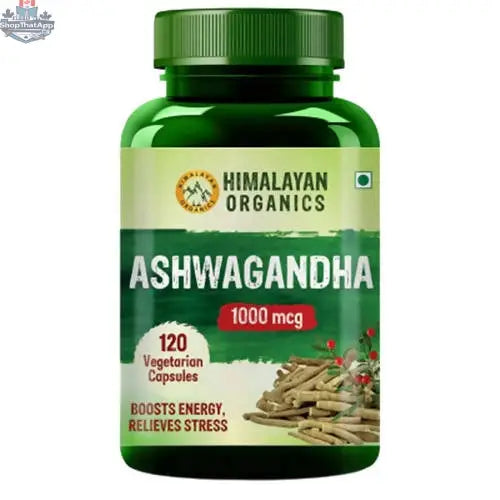 Himalayan Organics Ashwagandha capsules in a bottle, organic wellness supplement for stress relief, 120 count by Prithvi Mart