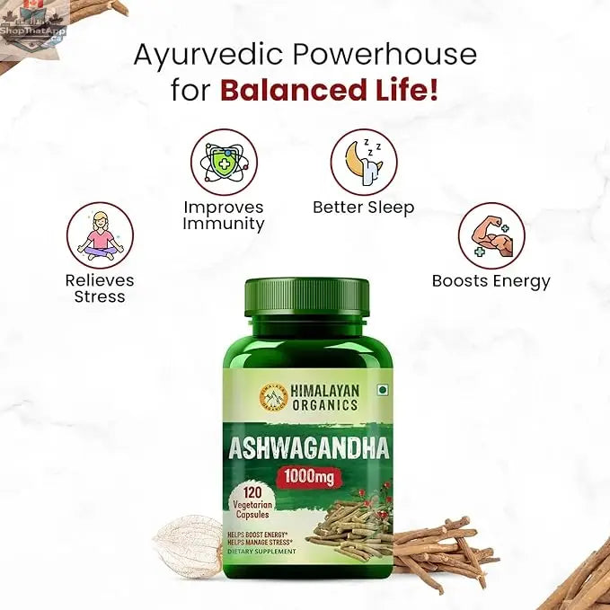 Himalayan Organics Ashwagandha capsules in a bottle, showcasing the organic wellness supplement for stress relief by Prithvi Mart.
