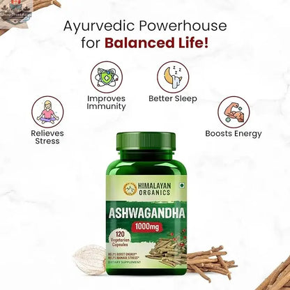 Himalayan Organics Ashwagandha capsules in a bottle, showcasing the organic wellness supplement for stress relief by Prithvi Mart.