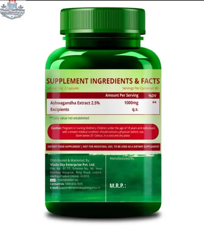 Himalayan Organics Ashwagandha capsules in a bottle, displayed on a white background, emphasizing organic stress relief supplement.