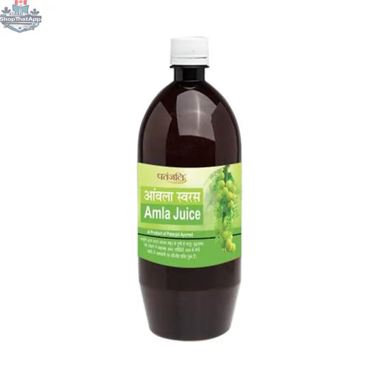 Patanjali Amla Juice in a plastic bottle, natural wellness supplement with bright label and clear liquid inside.