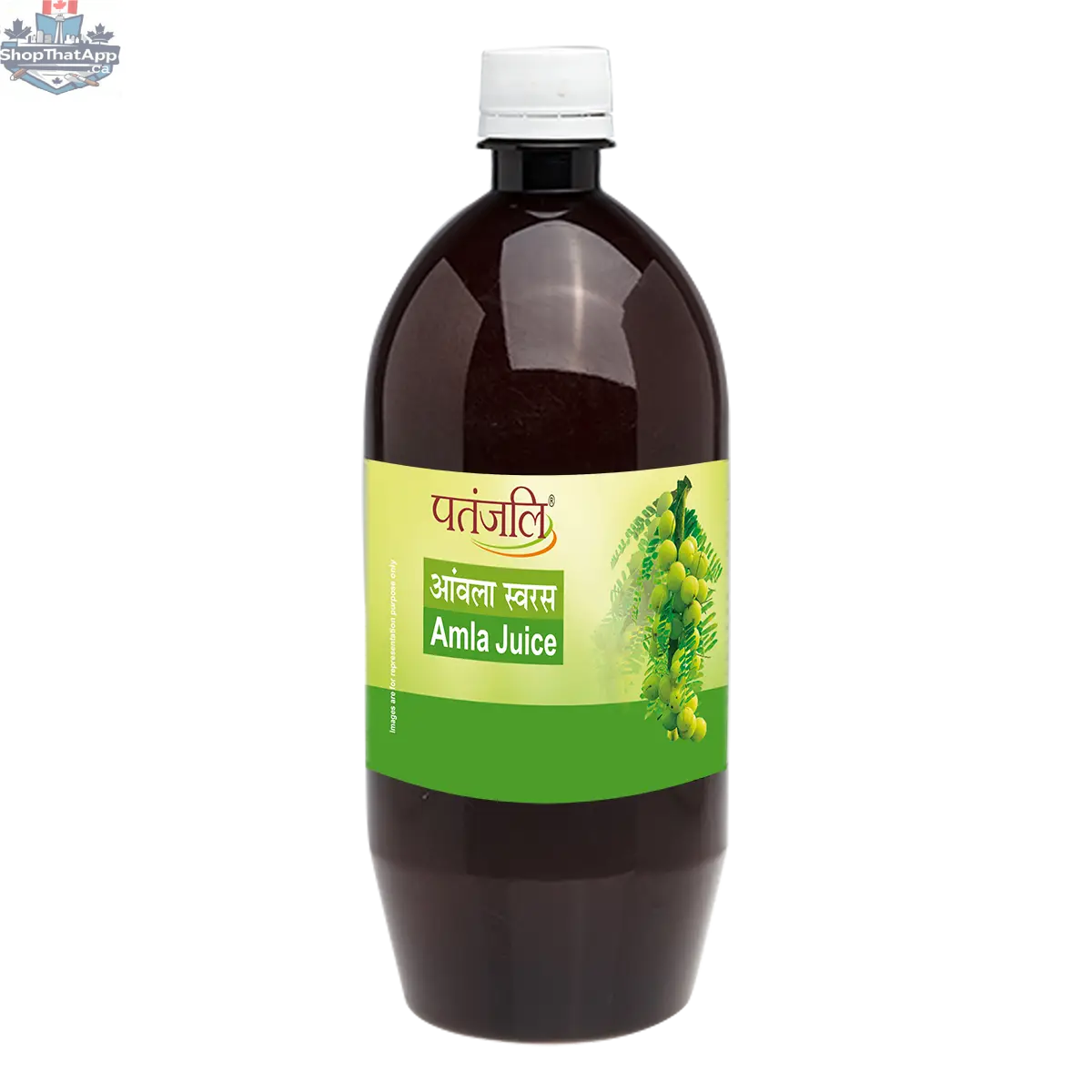 Bottle of Patanjali Amla Juice in a 500ml bottle, showcasing the wellness product with a label featuring amla fruit imagery.