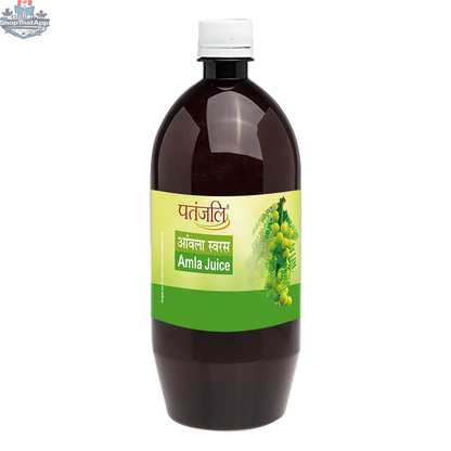Bottle of Patanjali Amla Juice in a 500ml bottle, showcasing the wellness product with a label featuring amla fruit imagery.