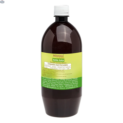 A 1-liter bottle of Prithvi Mart Patanjali Amla Juice, a wellness herbal drink with fresh amla fruit content.