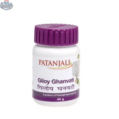 Patanjali Giloy Ghanvati tablets for immunity and wellness, 60 herbal wellness tablets in a white container with label.