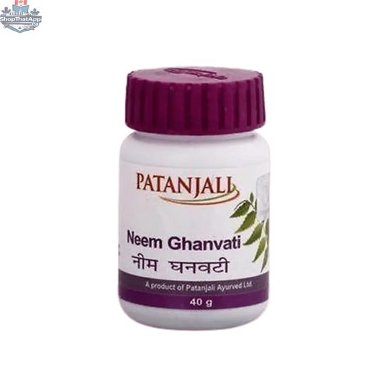 Patanjali Neem Ghanvati herbal wellness tablets in a 40g package, showing the natural herbal supplement from Prithvi Mart.