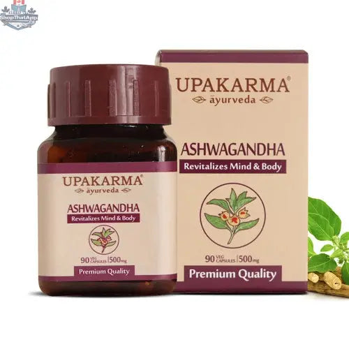 Prithvi Mart Ashwagandha capsules in a bottle, supplement for stress relief and energy boost, natural wellness product.