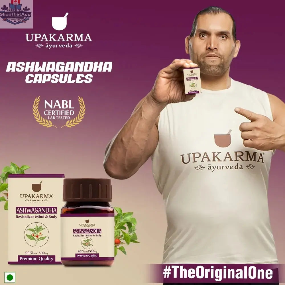 Prithvi Mart Upakarma Ashwagandha capsules for stress relief and vitality boost, showing the capsules in a wellness supplement bottle.