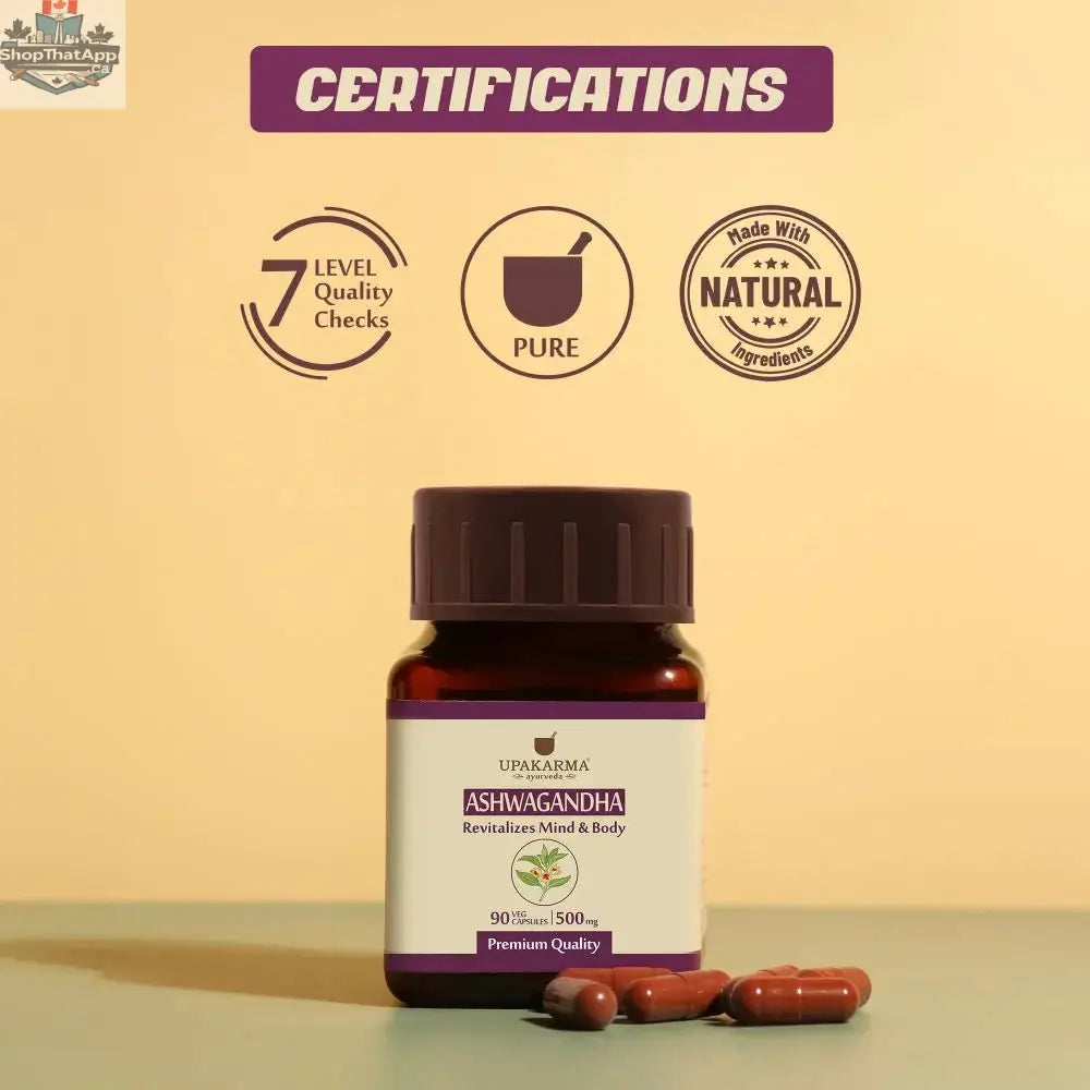 Prithvi Mart Upakarma Ashwagandha capsules for stress relief and vitality boost, showing the supplement bottle and capsules.