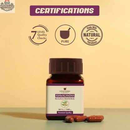 Prithvi Mart Upakarma Ashwagandha capsules for stress relief and vitality boost, showing the supplement bottle and capsules.