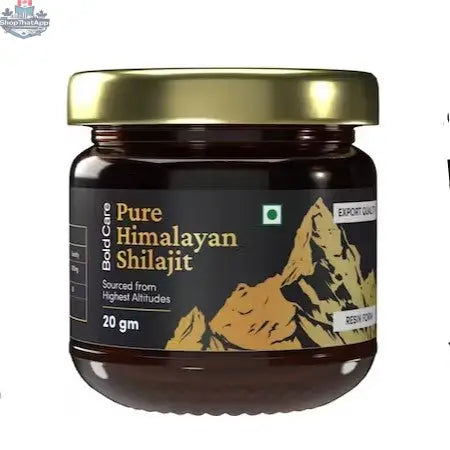 Himalayan Shilajit resin from Boldcare by Prithvi Mart, showcasing dark, sticky natural wellness supplement in a jar.