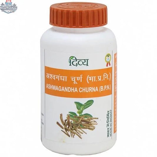 Patanjali Ashwagandha Powder herbal wellness supplement in a jar, natural dry ashwagandha roots and powder for vitality and wellbeing
