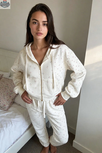Camille Cotton Floral Zip Hoodie Jogger Set 2PC Leisure Outfit - Shopthatapp.ca
