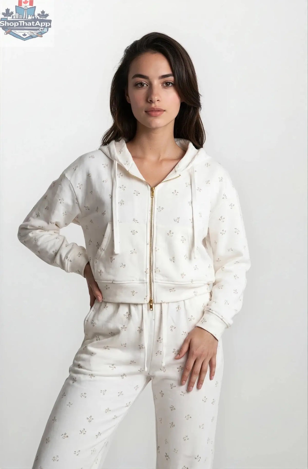 Camille Cotton Floral Zip Hoodie Jogger Set 2PC Leisure Outfit - Shopthatapp.ca