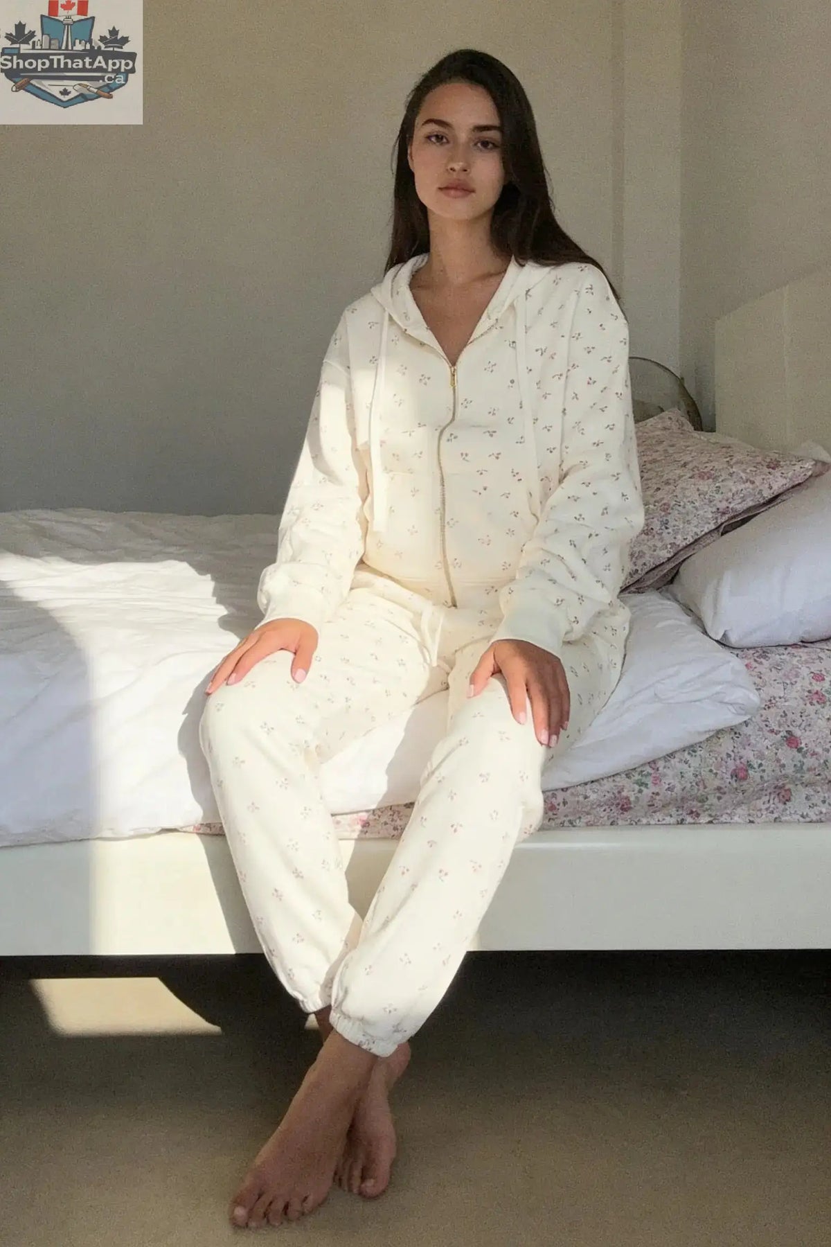Camille Cotton Floral Zip Hoodie Jogger Set 2PC Leisure Outfit - Shopthatapp.ca
