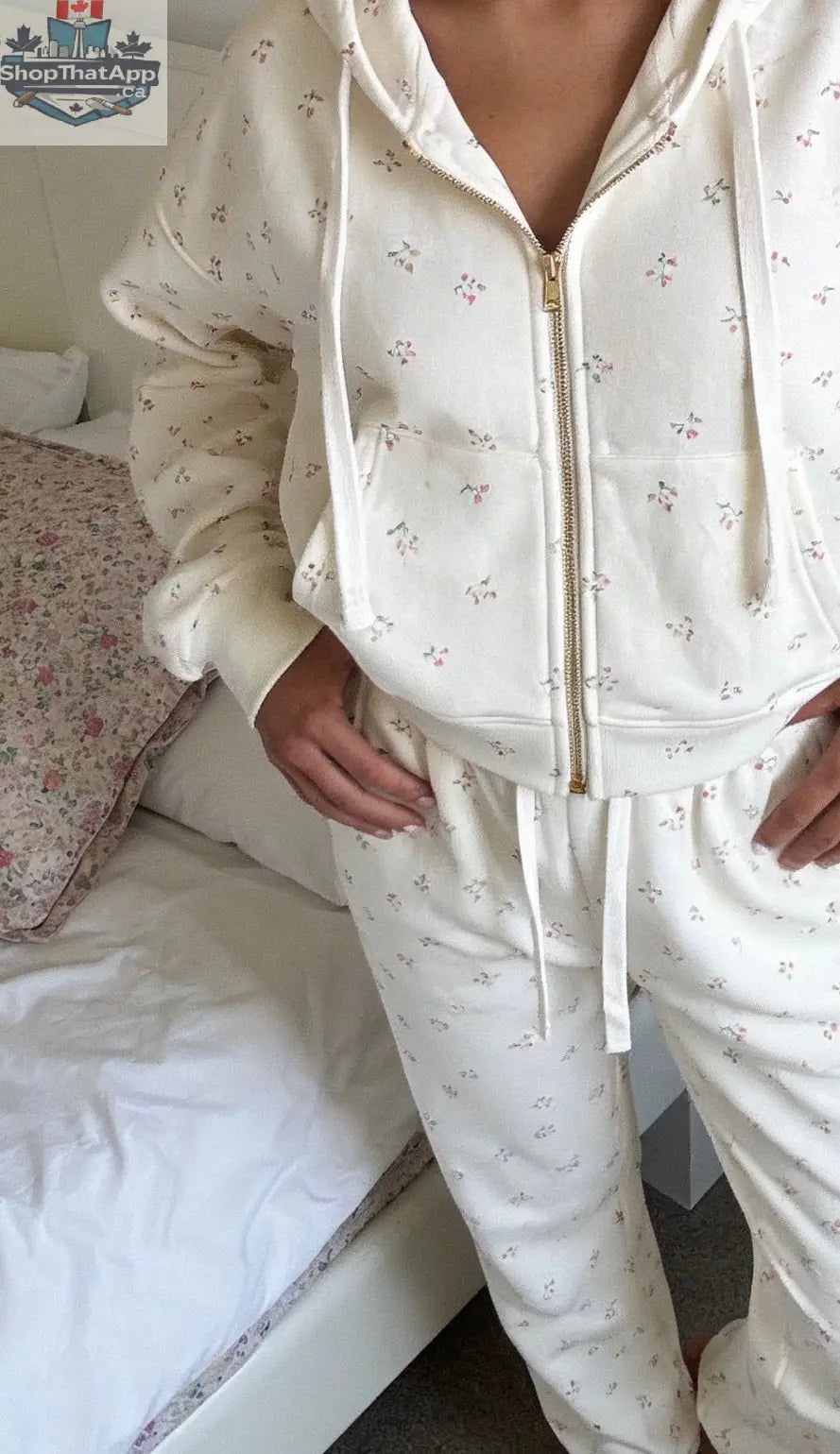 Camille Cotton Floral Zip Hoodie Jogger Set 2PC Leisure Outfit - Shopthatapp.ca