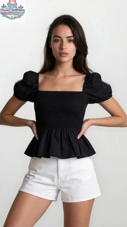 Sera Cotton Poplin Puff Sleeve Blouse - Black Peplum Top - Shopthatapp.ca