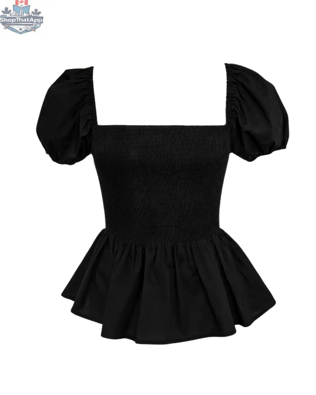 Sera Cotton Poplin Puff Sleeve Blouse - Black Peplum Top - Shopthatapp.ca