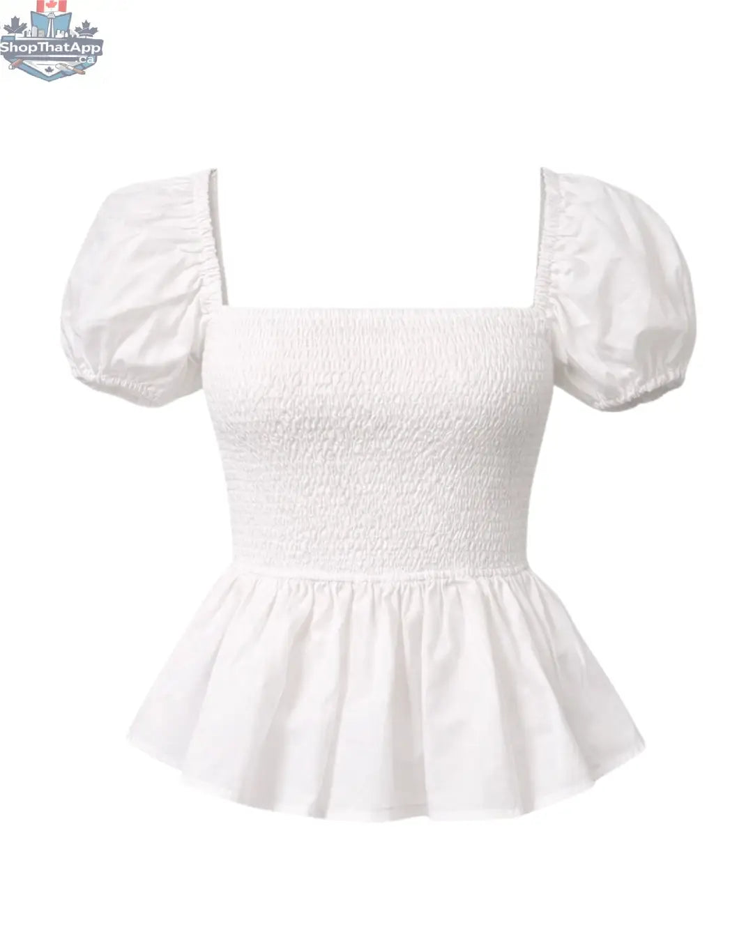 Sera Cotton Poplin Puff Sleeve Blouse Top in White - Elegant Peplum Design - Shopthatapp.ca