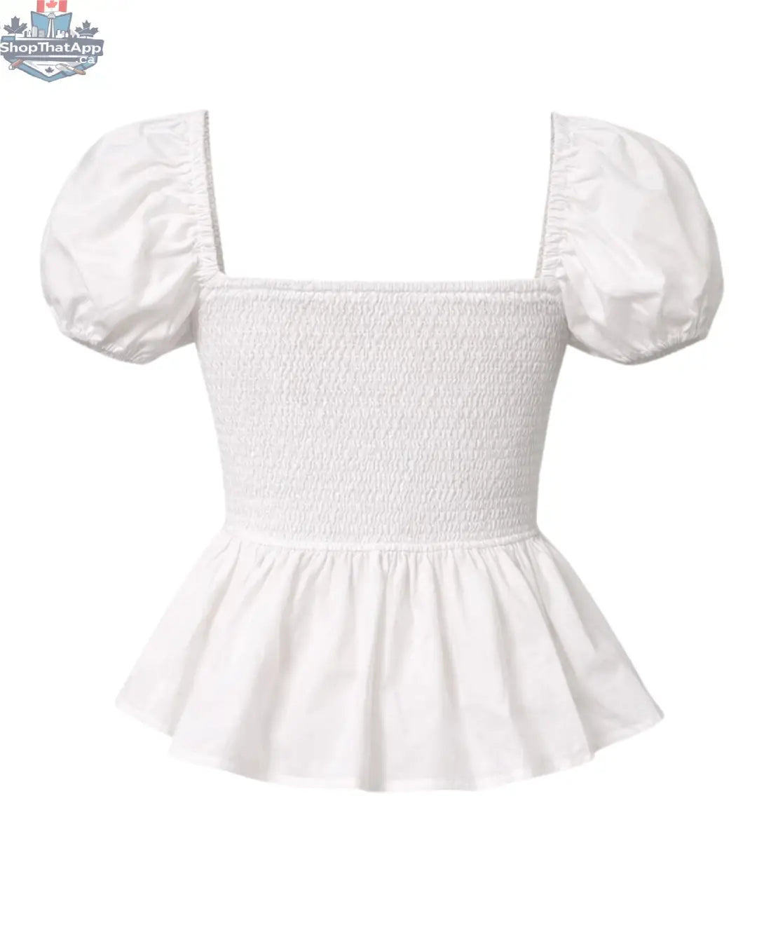Sera Cotton Poplin Puff Sleeve Blouse Top in White - Elegant Peplum Design - Shopthatapp.ca
