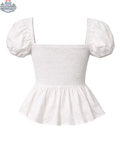 Sera Cotton Poplin Puff Sleeve Blouse Top in White - Elegant Peplum Design - Shopthatapp.ca
